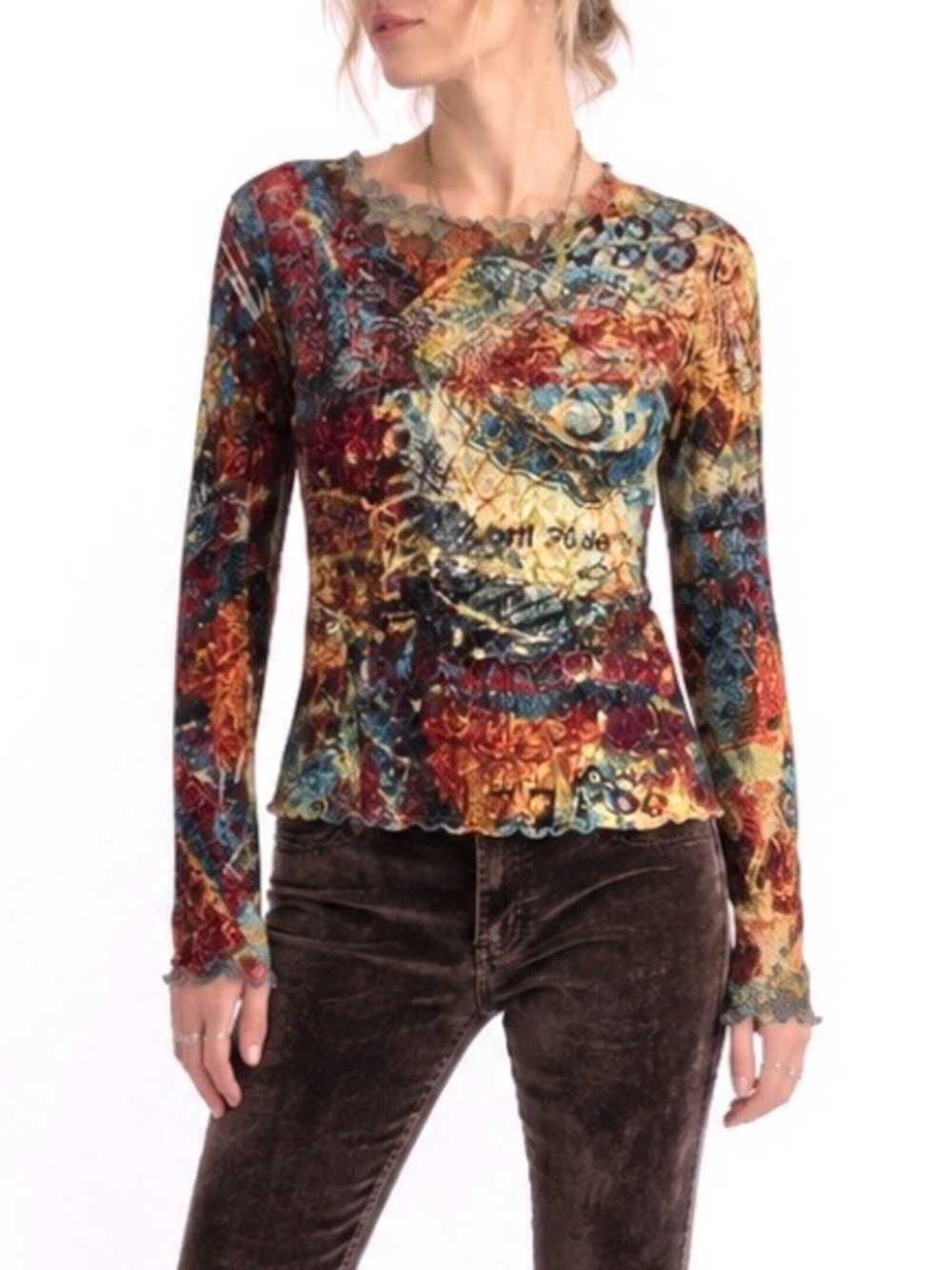 Cache Multicolor Long-Sleeve Printed Velvet Top